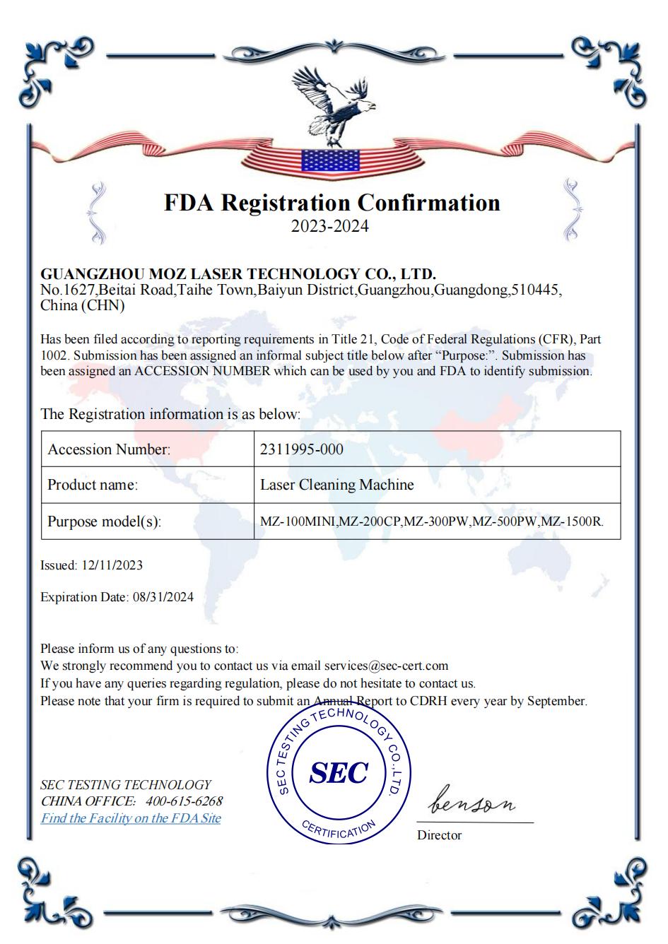 FDA certification of laser cleaning machines